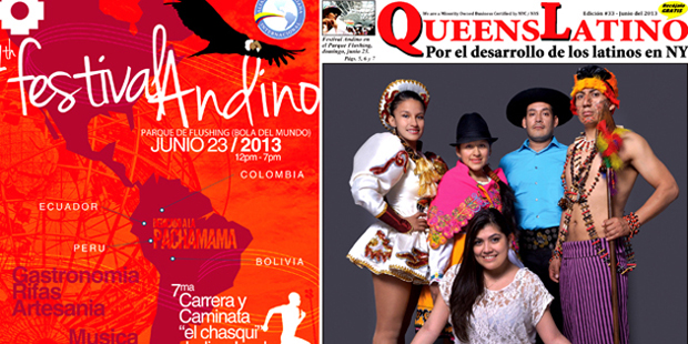 El afiche del Festival Andino y Caminata y Carrera El Chasqui, además de la portada de QueenLatino dedicada a los andinos en Nueva York.