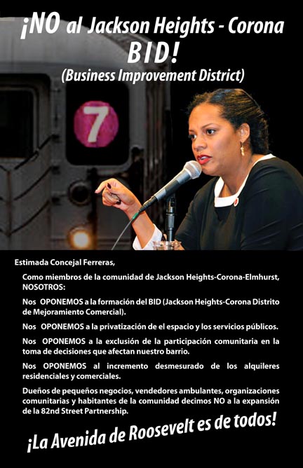 A copy of the poster against Councilwoman Julissa Ferreras who is pushing for the new BID on Roosevelt Avenue. 