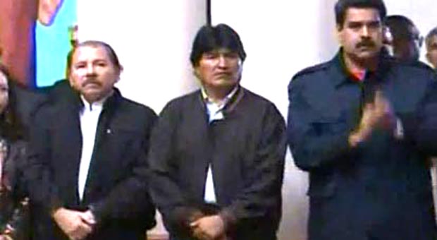 De izquierda a derecha, los presidente de Nicaragua, Bolivia, Evo Morales, y el de Venezuela, Nicolás Maduro.