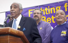 Congressman Charles Rangel and Hector Figueroa of Local 32BJ at center. Photo cortesy 
