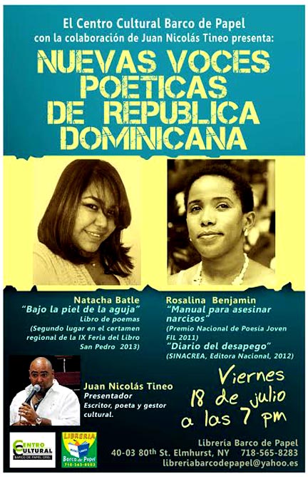 El afiche promocional del evento de poetas dominicanos en la Librería Barco de Papel de Jackson Heights, Queens.