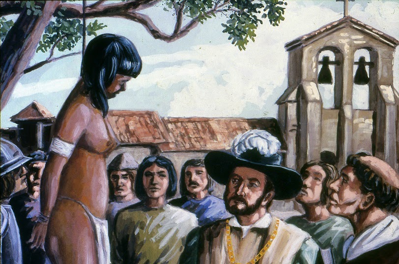 Reina Anacaona colgada de un árbol por los españoles.