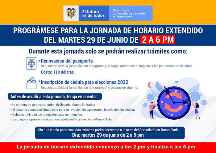 Consulado de Colmbia NY horario extendido este martes 29